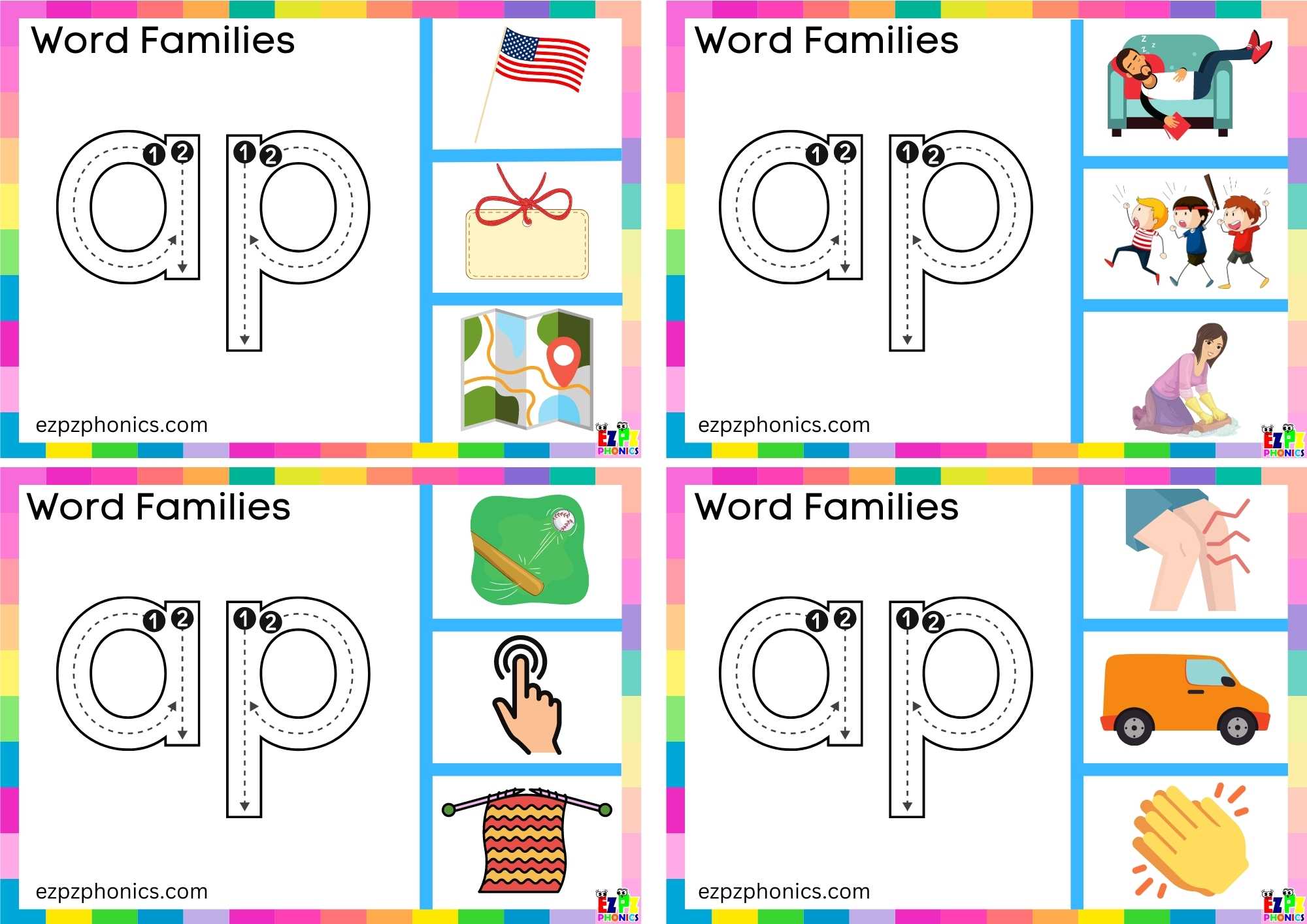 Trace the letters ap and clip the image clip cards This set includes the words; map, nap, tap and clap